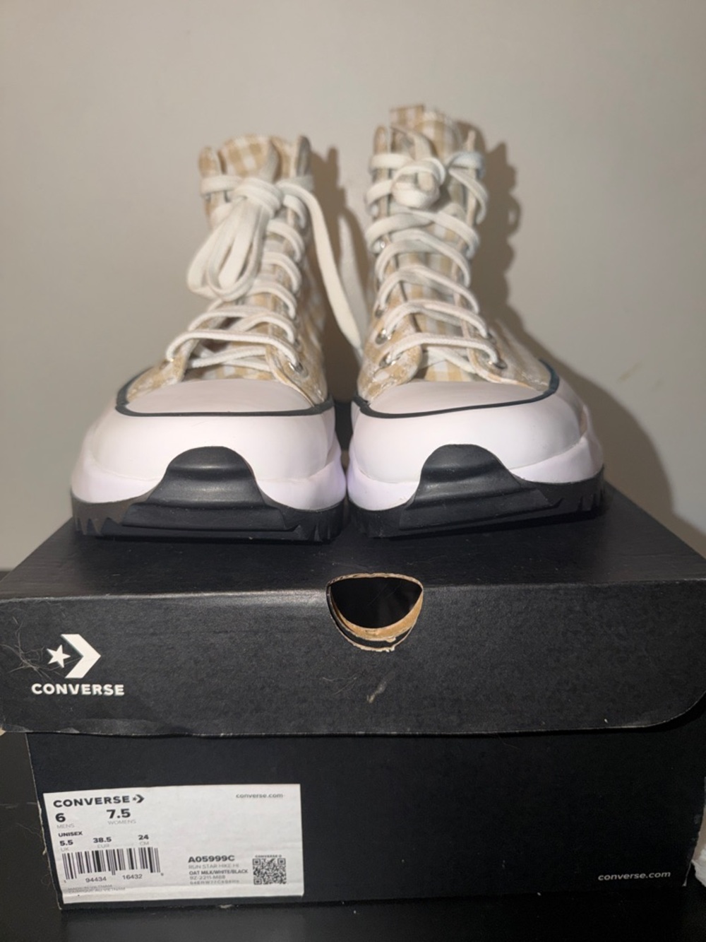 Converse High-Top Platform Sneakers in White and Beige Plaid